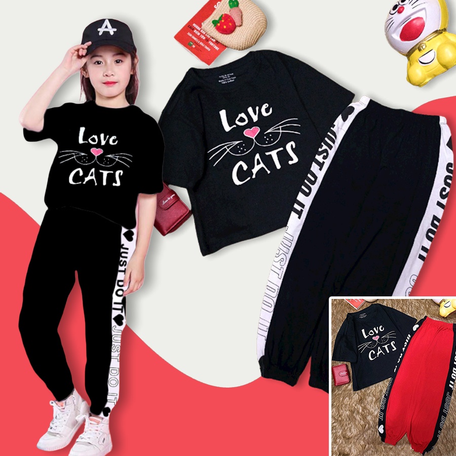 Bộ bé gái Love Cat tay ngắn quần dài  xinh xắn quần phối lai trắng đen HEBI KIDS cho bé từ 4- 14 tuổi