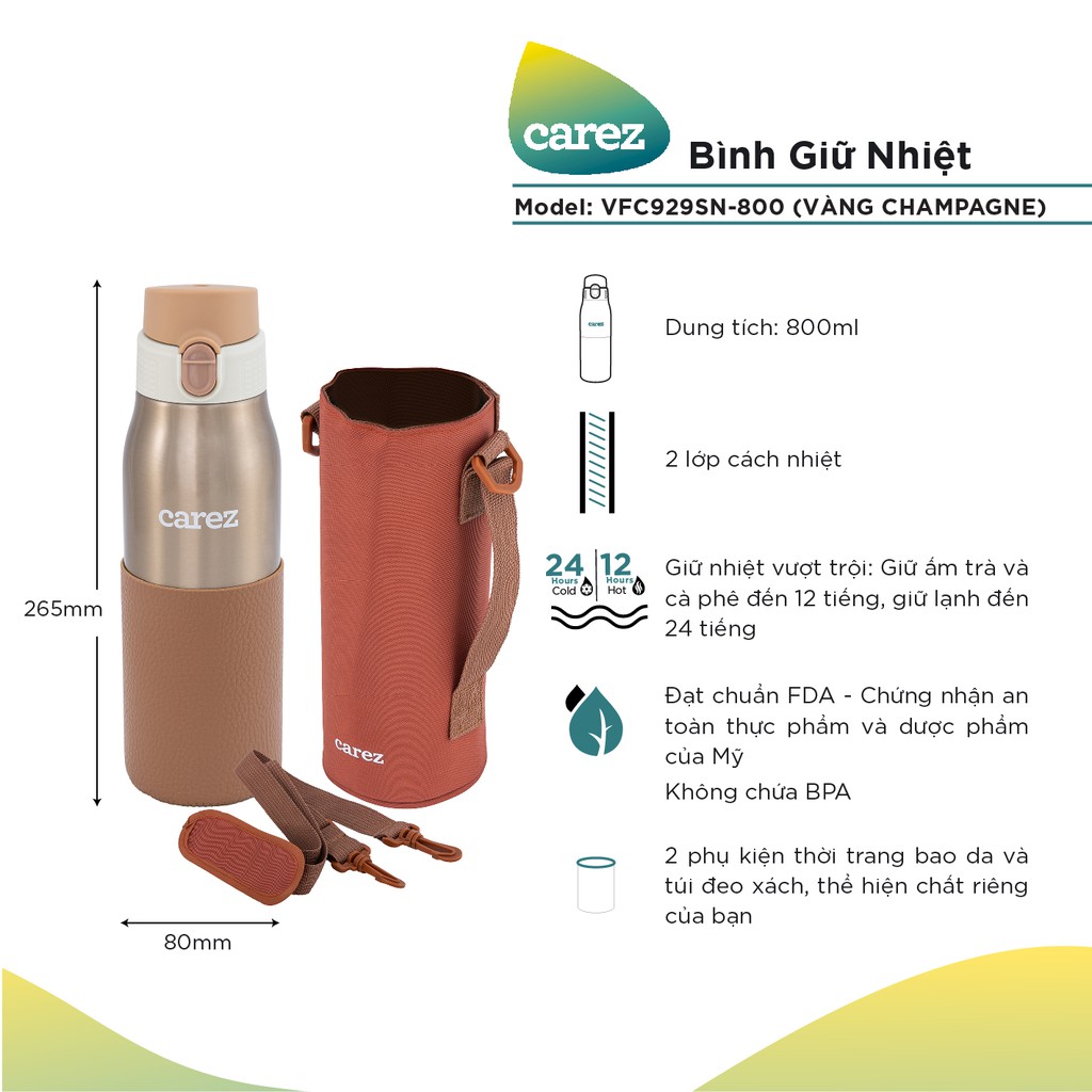 Bình giữ nhiệt CAREZ Cao cấp Công nghệ Superlight siêu nhẹ 800ML VFC929SN-800 Tặng kèm túi - màu champange gold