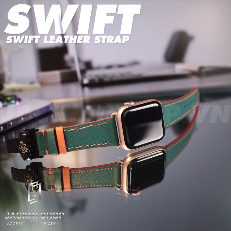 [BẢO HÀNH 1 NĂM] Dây Da BÊ SWIFT may tay thủ công màu Xanh Ngọc chỉ Cam khóa Bướm cho Apple Watch series 1/2/3/4/5/6/7