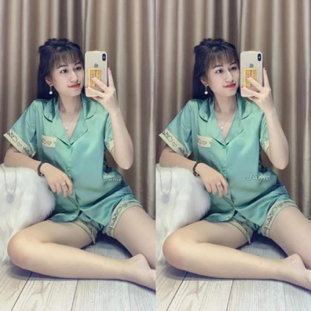 Bộ đồ ngủ lụa đùi Pijama cộc tay viền chữ mềm mịn siêu hot hàng loại 1.