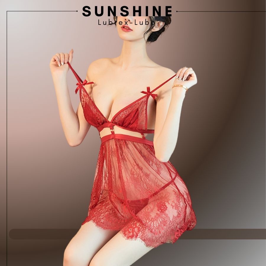 Váy ngủ nữ ren sexy 2 dây gợi cảm hai dây voan mỏng quyến rũ Màu Đỏ, Trắng SUNSHINE HB1534