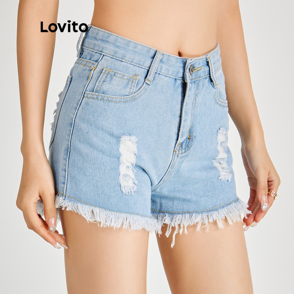 Quần short jean Lovito rách màu trơn họa tiết họa tiết ria mép đơn giản L15X118 (màu xanh dương nhạt / trắng)
