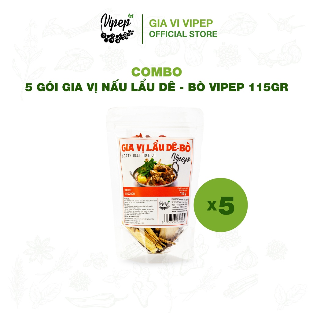 Combo 5 gói gia vị nấu lẩu bò, dê Vipep 115g - gia vị ninh hầm quý hiếm (kỷ tử, đại táo, hạt sen, hoài sơn, đảng sâm..)