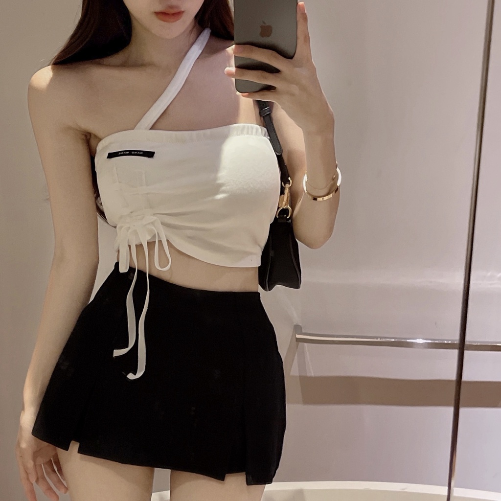 Áo Hai Dây Dáng Ngắn Phối Dây Rút Thời Trang Quyến Rũ Cho Nữ