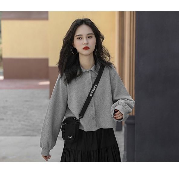 Áo dáng lửng dài tay cổ bẻ thời trang đơn giản cho bạn nữ