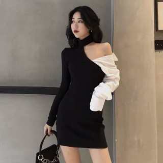 Đầm sơ mi phối màu đen trắng trễ vai ôm body sexy siêu chất ❤️