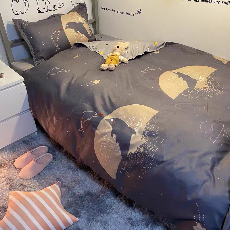 Set Chăn Ga Cotton Poly Cá Heo Giữa Trời Đêm Ga Xám Có Hình Sao Hàng Loại Một Shinbedding.shop