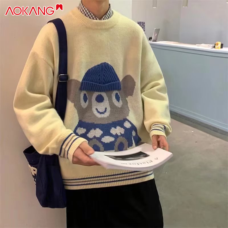 Áo sweater dệt kim AOKANG tay dài in hoạt hình thời trang mùa đông cho nam