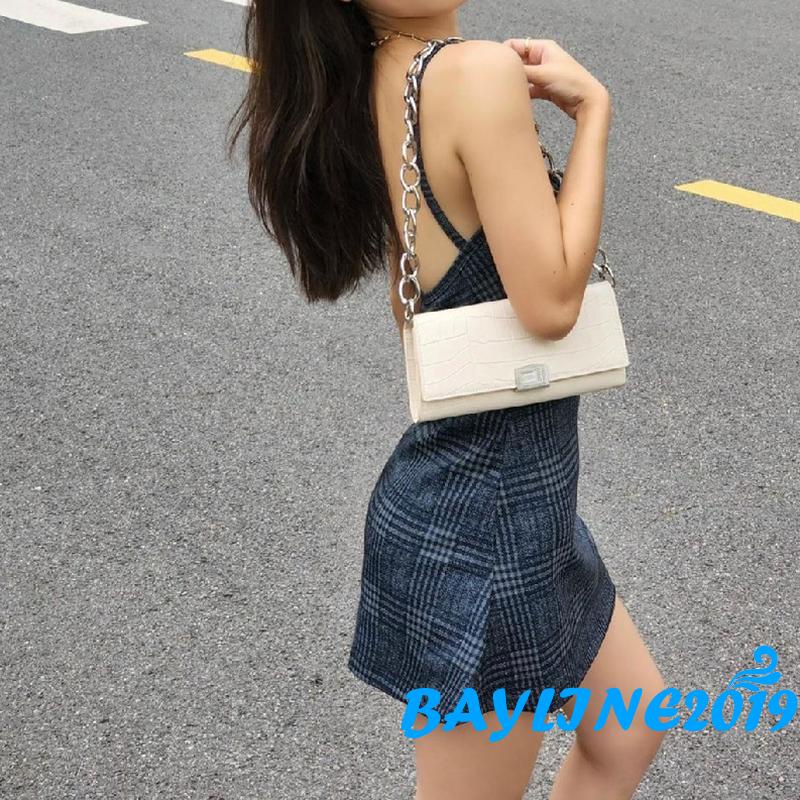 Đầm Hai Dây Mỏng Hở Lưng Họa Tiết Kẻ Sọc Bằng Kim Loại Đơn Giản Cho Nữ