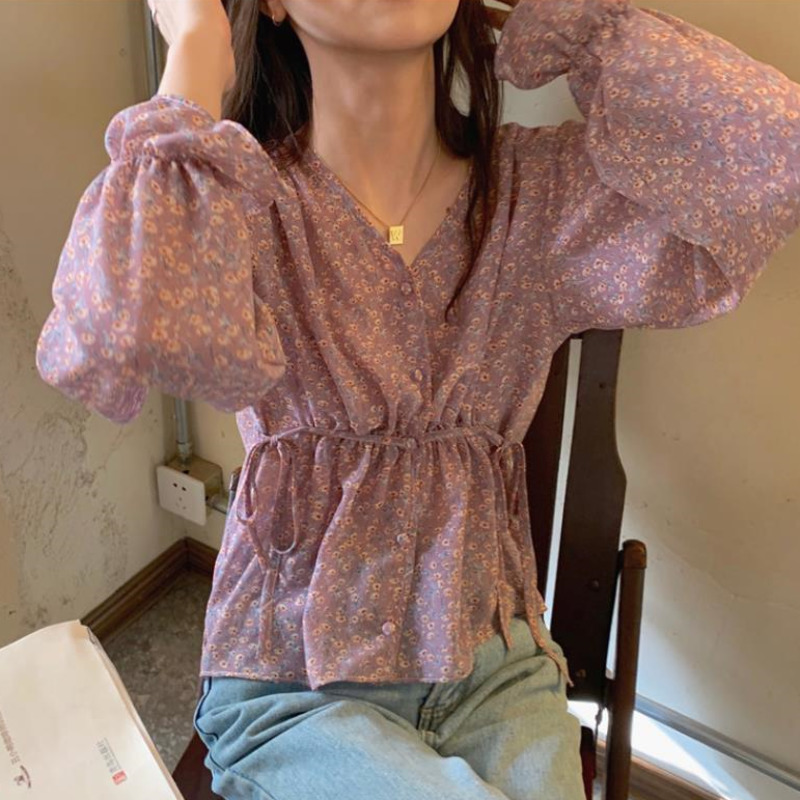 Áo Sơ Mi Chất Chiffon Tay Dài Cổ Chữ V Hoạ Tiết Hoa Phong Cách Retro