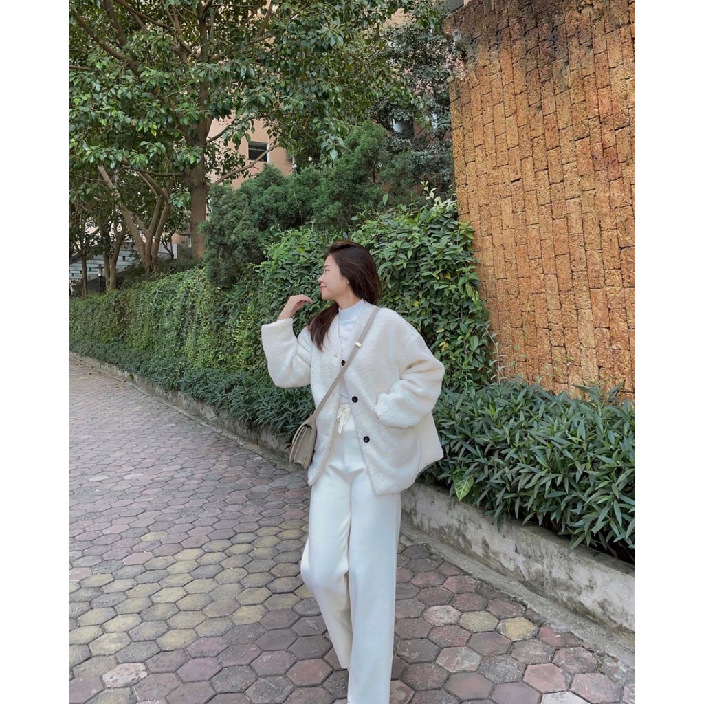 Áo Khoác Cardigan Lông Màu Trắng Be, Áo Khoác Lông Nữ