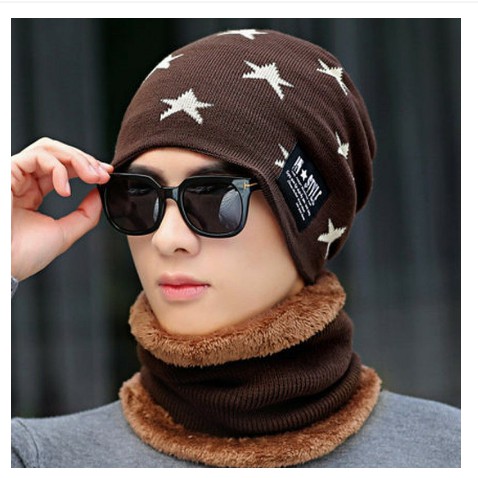 Bộ mũ len kèm khăn hình ngôi sao có lót lông cho nam/nữ