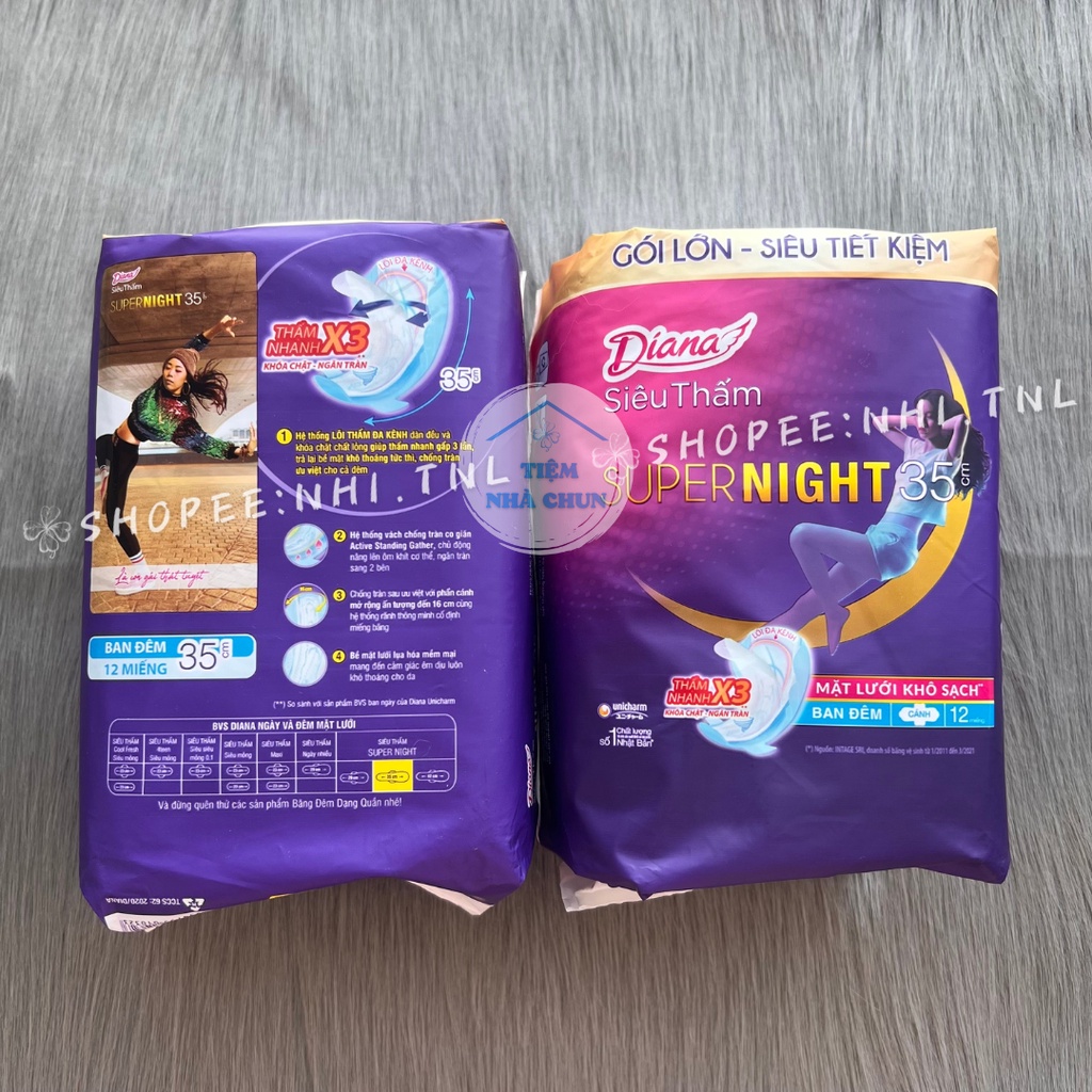 Băng Vệ Sinh Ban Đêm Diana Siêu Thấm Super Night Gói 12 Miếng 35cm