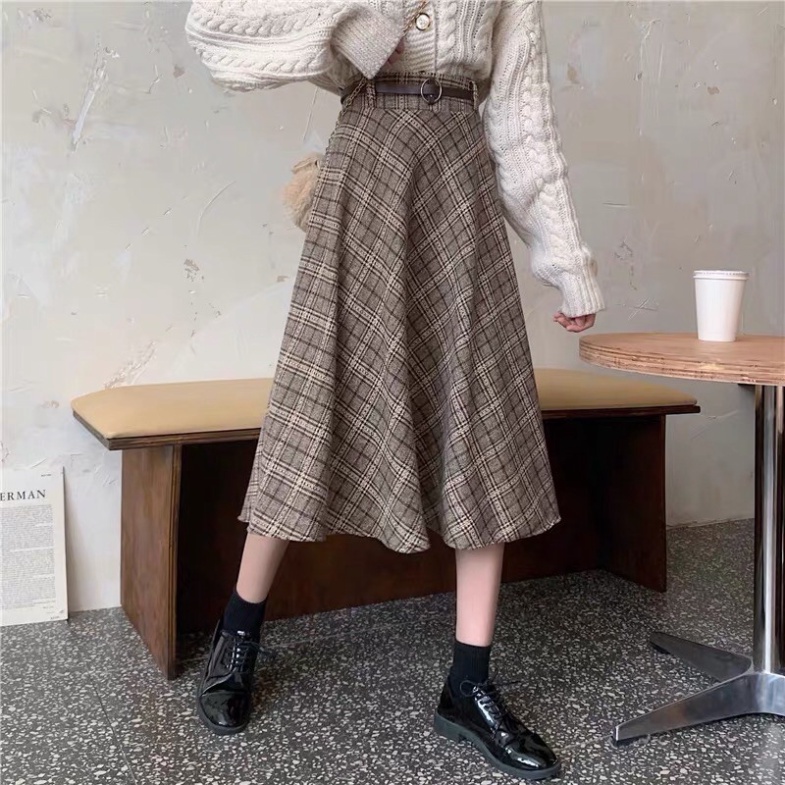 Chân váy dạ kẻ dáng dài vintage. Chân váy dài xoè ulzzang style - Hàng mới về
