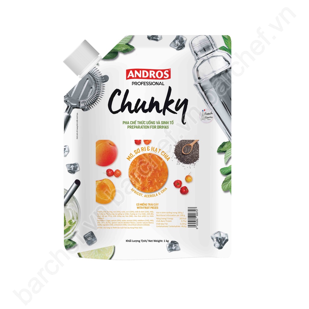 Mứt Chunky Mơ Sơ ri và hạt Chia Andros (Appricot acerola and Chia Chunky) - túi 1kg