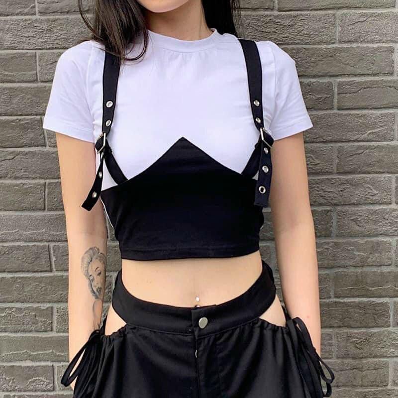1143A37B1 Áo thun croptop giả set phối yếm cực cá tính
