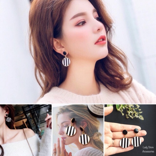 FREESHIP 99K TOÀN QUỐC_Khuyên tai tròn sọc trắng đen cá tính- mã KT092