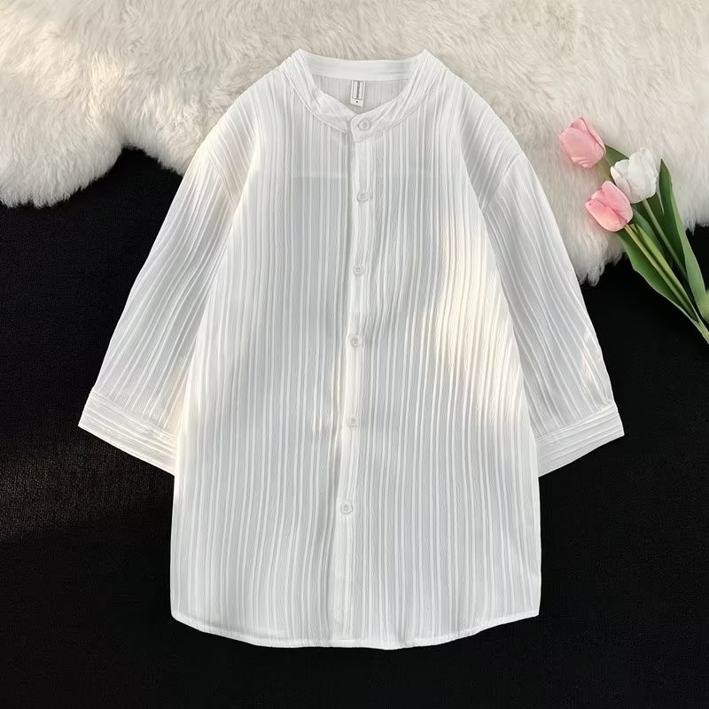 Áo Sơ Mi Tay Lửng Dáng Rộng Cổ Đứng Họa Tiết Kẻ Sọc 2 Màu Size m-3xl Thời Trang Mùa Thu Cho Nam