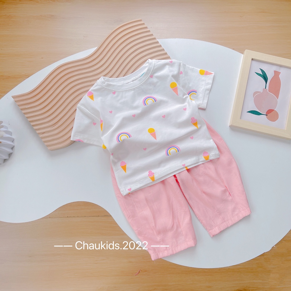 Set Áo Thun Cotton Tay Ngắn + Quần Hồng❤M0022❤Thời Trang Mùa Hè Hàn Quốc Cho Bé Gái