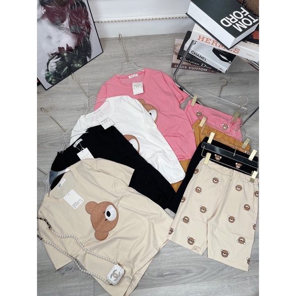 Bộ gấu cotton lửng Set gấu áo thun kèm quần sooc in gấu