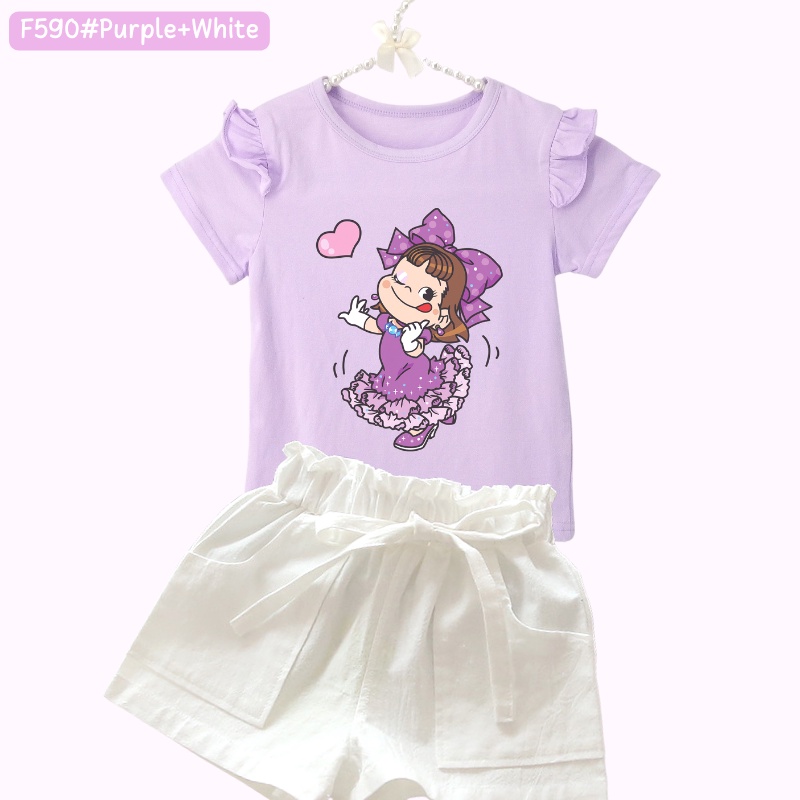 Bộ Áo Thun 100% Cotton In Họa Tiết Công Chúa Hoạt Hình Kèm Quần Short Màu Kẹo Cho Bé Gái