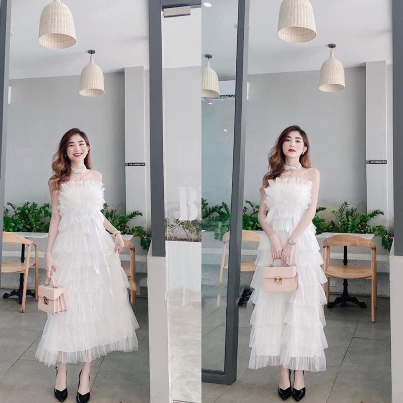 Váy trắng cưới, trễ vai dự tiệc công chúa xếp tầng thắt nơ