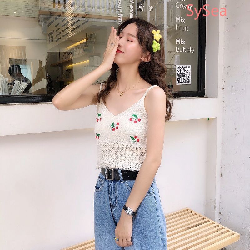 Áo Hai Dây Cổ Chữ V Thêu Hình Trái Cherry Xinh Xắn Cho Nữ