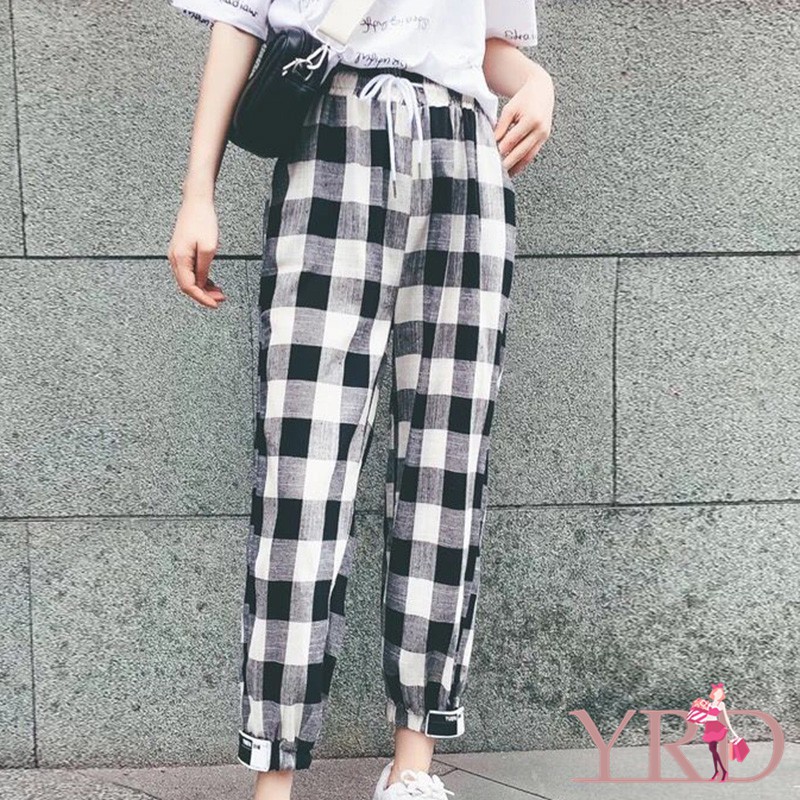 Quần dài dây rút họa tiết ca rô trắng đen thời trang cho nữ | BigBuy360 - bigbuy360.vn