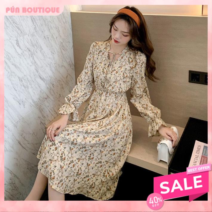 (Ảnh Cận Chất) Đầm hoa dài tay vintage cổ buộc dây dáng suông - Váy công sở nữ tính ullzang Hàn Quốc