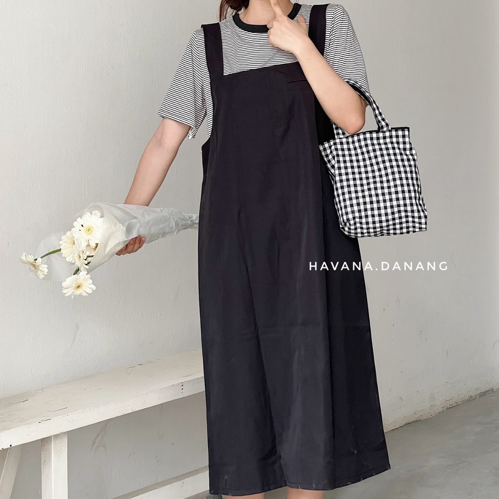 Set váy yếm kaki nữ kèm áo thun, yếm dài kèm áo thun kẻ sọc freesize hai màu AE196