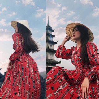 Đầm Boho Màu Đỏ Họa Tiết Phong Cách Vintage