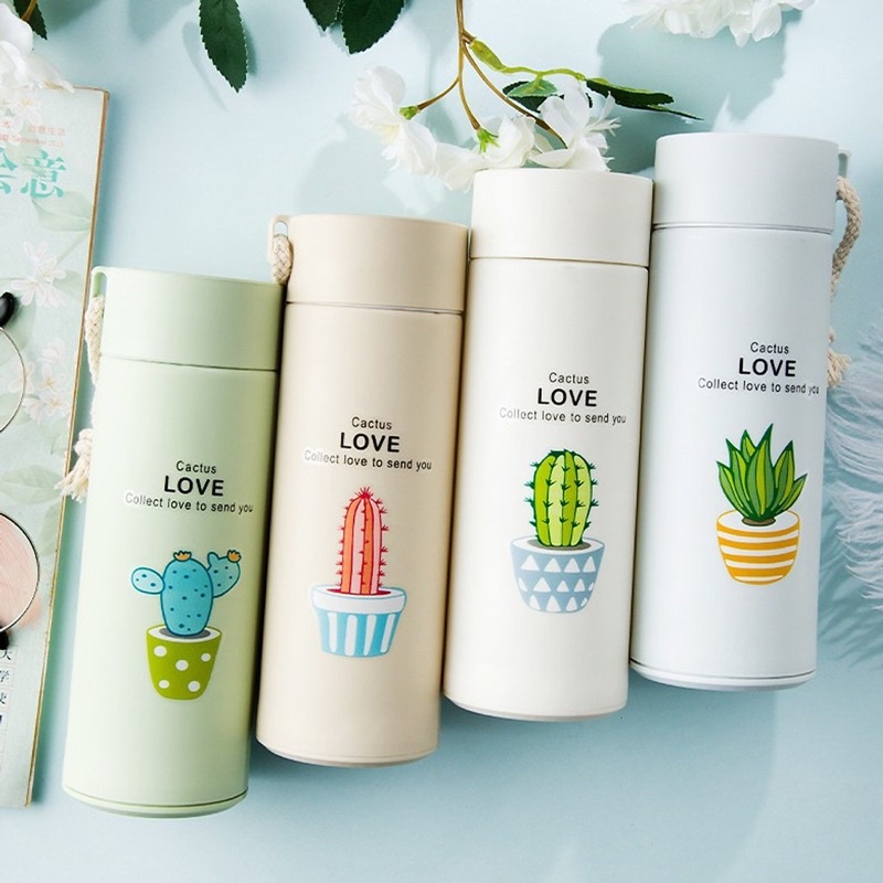 Bình đựng nước lõi thủy tinh họa tiết xương rồng dễ thương dung tích 400ml