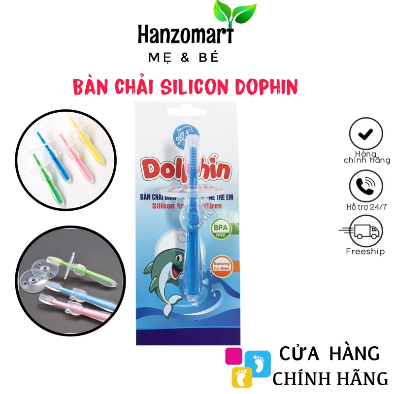 [6m+] Bàn chải silicon Dophin siêu mềm có cán chặn cho bé