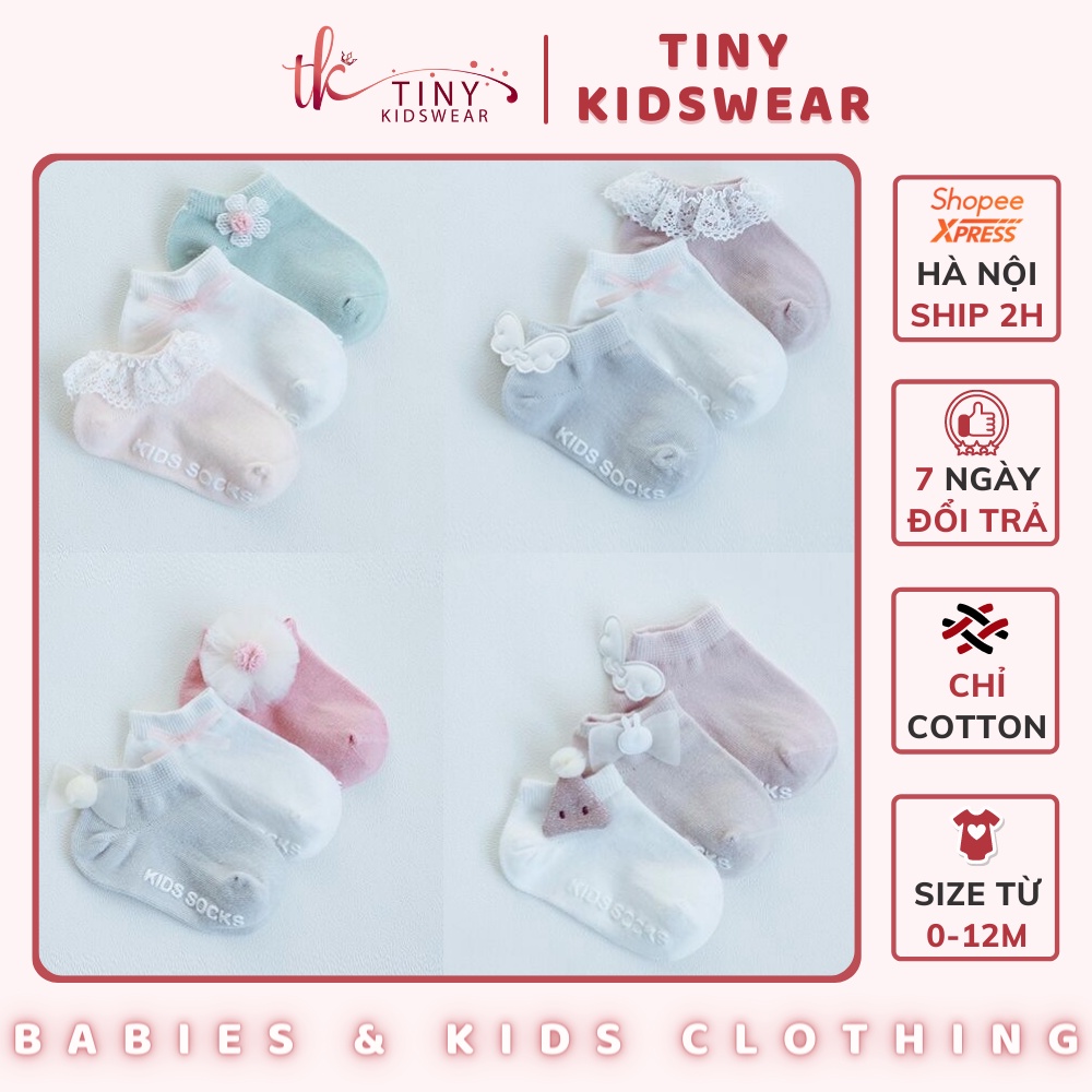 Set combo 3 đôi tất chân, vớ cotton cổ ngắn đính nơ, hoa cho bé gái từ 0-12 tháng [T12]