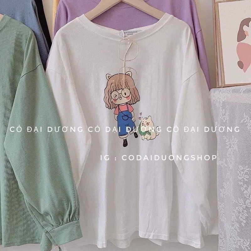 Áo thun dài tay bo tay in cô gái mèo Kt