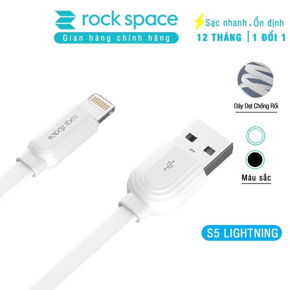 Dây cáp sạc nhanh cho iPhone, Samsung Rockspace S5 chuẩn lightning TYPEC  dây dẹt chống dối hàng chính hãng Bh 1 năm