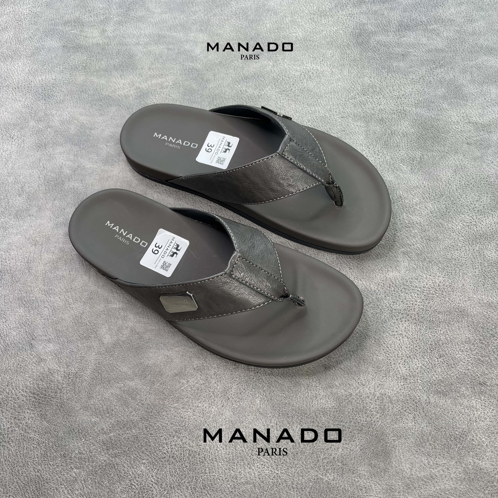 Dép xỏ ngón, dép quai kẹp nam cao cấp Manado Mã MND09 Màu Xám fullbox, quai da mềm mại, đế cao su thiết kế chắc chắn