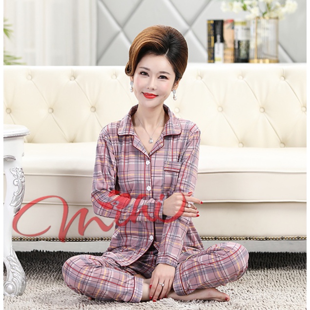 Pijama trung niên nữ dài tay B92 - Bộ đồ ngủ mặc nhà thu đông cho mẹ - Thời trang cho người lớn tuổi đẹp cao cấp Bigsize