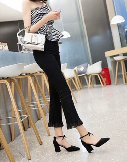 Giày Cao Gót Bít Mũi Dây Thắt Nơ 6p