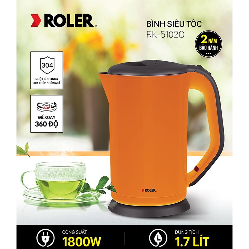 Bình siêu tốc cao cấp 2 lớp Inox 304, màu cam Roler RK-5102O (1.7L)