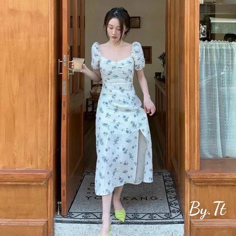 Váy hoa nhí cổ tim dúm kiểu dáng VINTAGE xẻ tà, chất vải thô mềm kèm lót