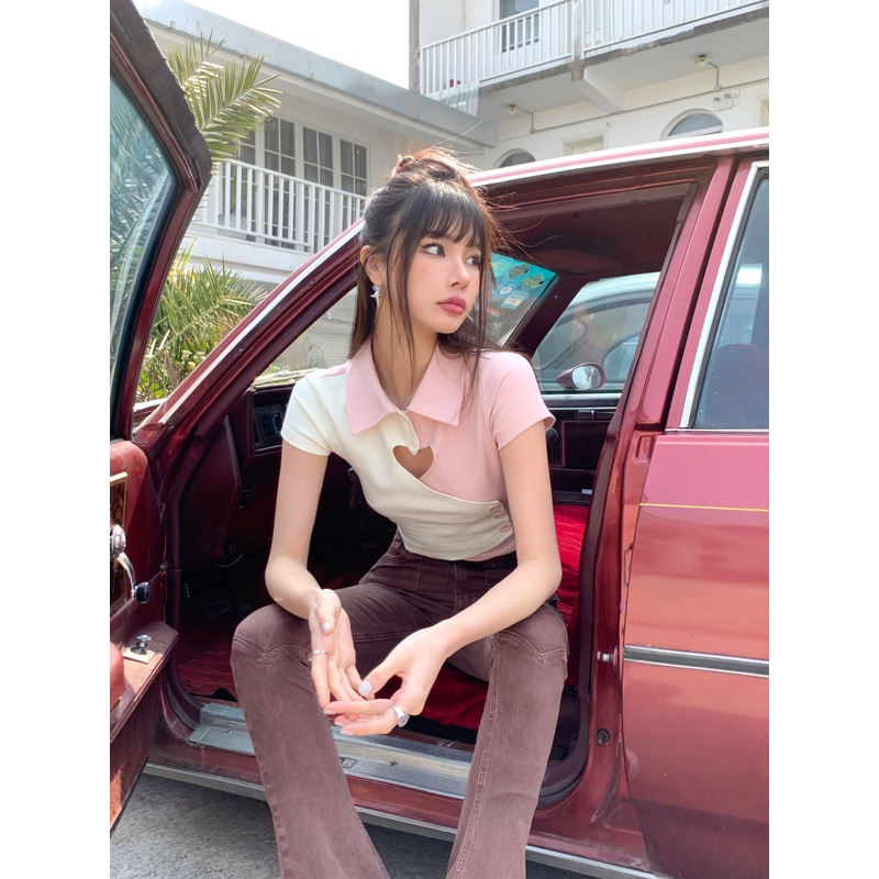 Áo thun polo ZHELIHANGFEI ngắn tay lưng cao thiết kế bất đối xứng phong cách quyến rũ