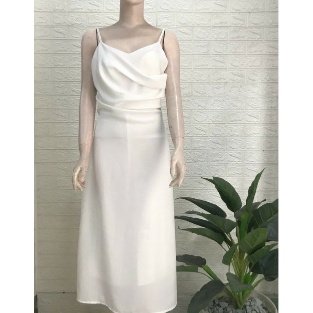 Đầm dáng xòe lụa 2 dây cổ đổ siêu xinh, váy maxi xẻ tà 1 bên tôn dáng - DTH