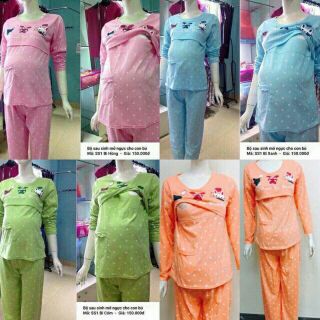 Bộ sau sinh mở ngực cho con bú, quần áo cotton mềm mịn cho mẹ