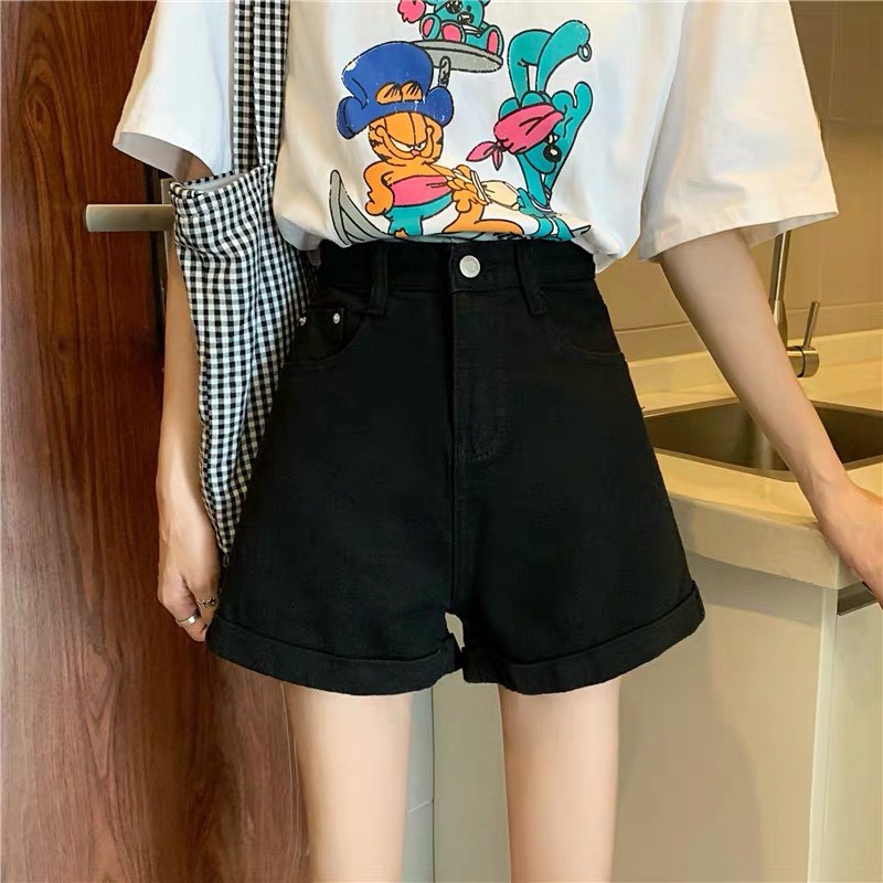 Quần short jean nữ BigSize lưng cao trên rốn, co dãn mạnh, xăn lai, ống rộng dành cho người béo 60kg~90kg 3825