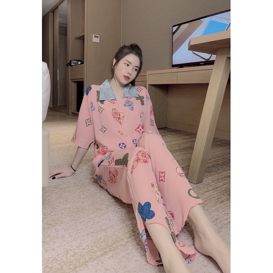 Đồ Bộ Ngủ Nguyên Set Pijama Cổ Nhọn Quần Dài Tay Lửng Lụa Mango Thiết Kế Cao Cấp Không Xù Mẫu Mới Hot Hit 2021