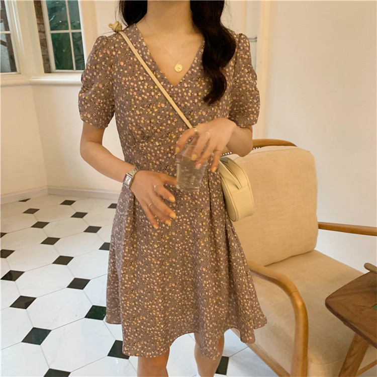 Đầm Nữ Ngắn Tay Cổ Chữ V In Hoa Thời Trang