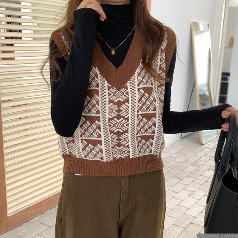 Áo dệt kim sát nách cổ chữ v phối màu tương phản phong cách retro cho nữ
 | BigBuy360 - bigbuy360.vn