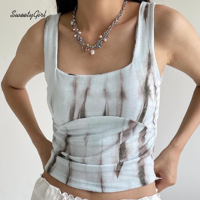 Áo Tank Top Cổ Vuông Ôm Eo In Họa Tiết Mực In Thời Trang 2022 Cho Nữ