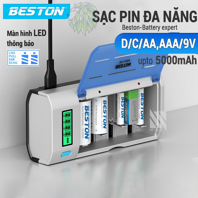 Sạc Pin Đa Năng BESTON C906W dùng cho pin AA AAA 9V C D tính năng sạc nhanh, tự ngắt, đèn báo LCD